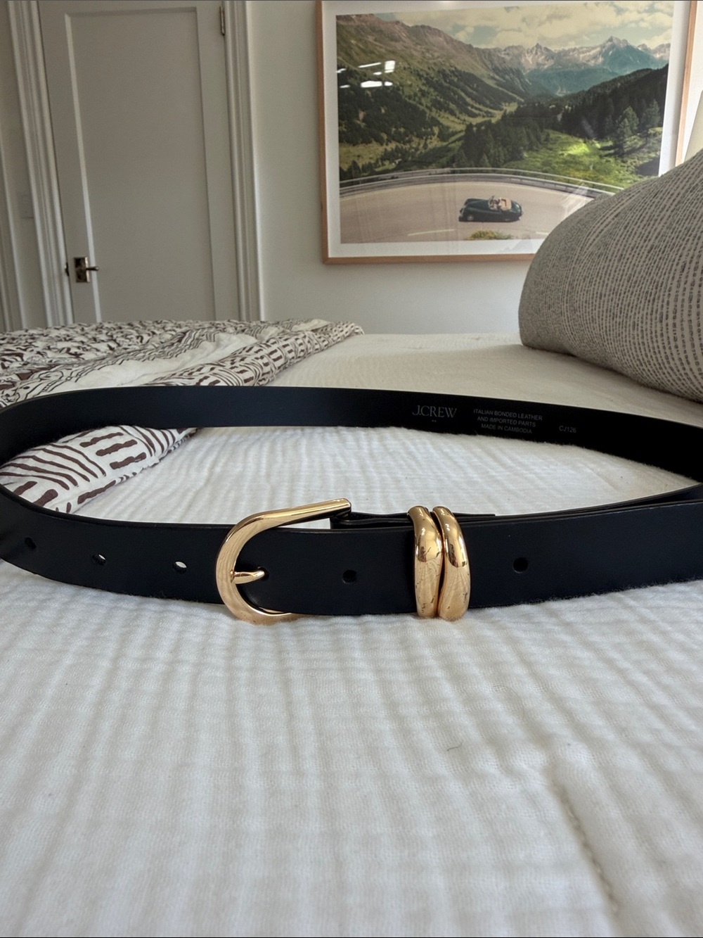 J. Crew Black Leather Belt with Gold Buckle and Double Loop